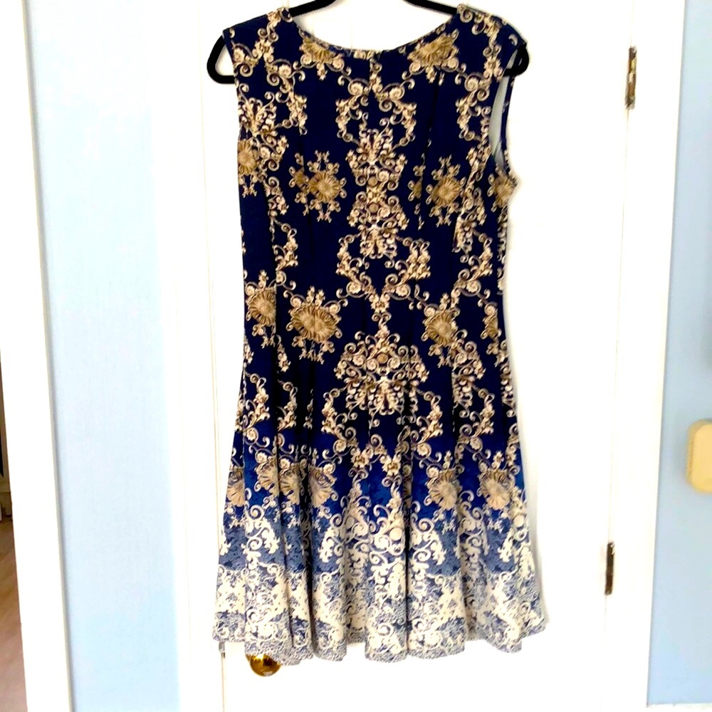 Pretty navy & taupe print fit and flair dress